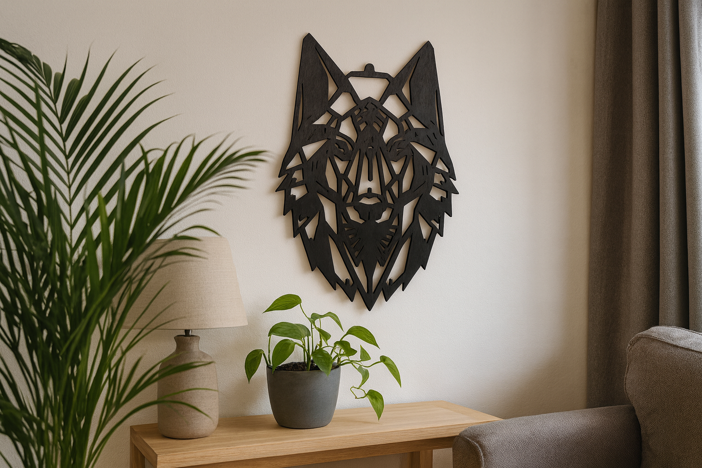 Tête de Loup en Bois Gravée