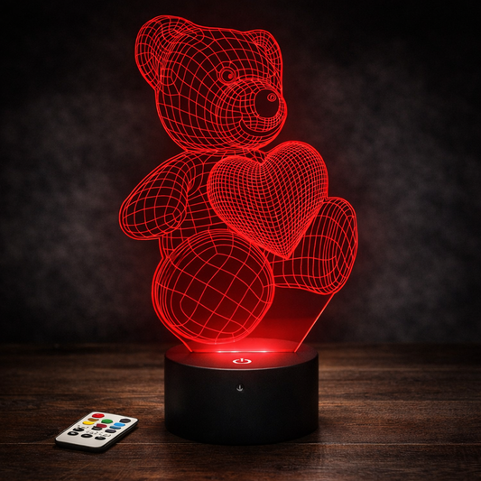 Lampe LED 3D Ourson Cœur – Éclairage RGB Cadeau Romantique